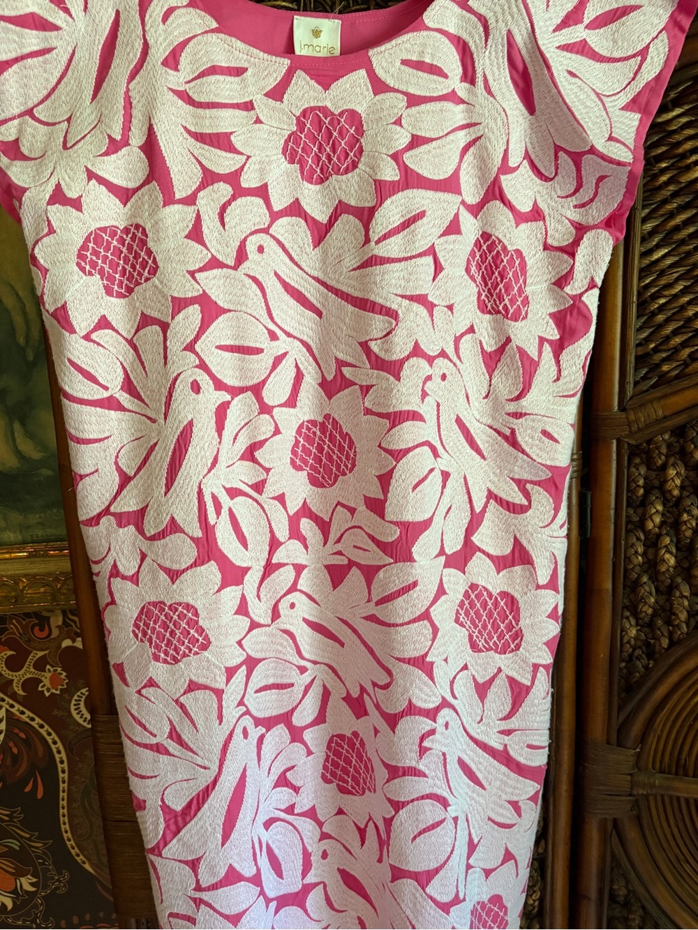 J. Marie Pink White Embroidered Bird Floral Shift Dress Small Palm Beach Resort - Picture 3 of 4